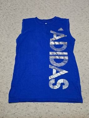 Adidas Logo Royal Blue & Silver Tank Top Boys Size Large Athletic Cotton Shirt